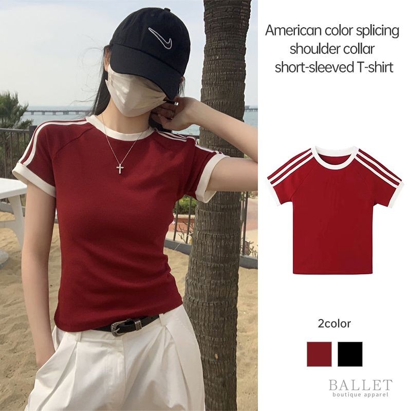 สไตล์อเมริกันแขนสั้นเสื้อยืดผู้หญิงฤดูร้อนเซ็กซี่ Slim FITTING เสื้อยืดอินเทรนด์สั้น BB