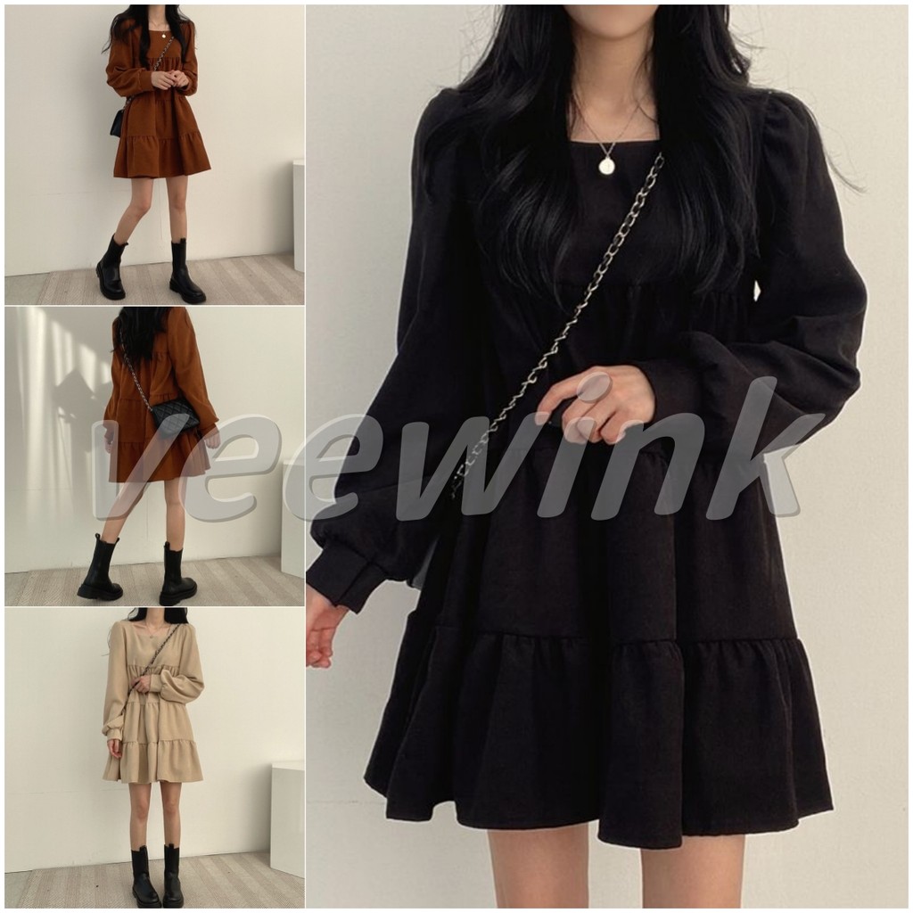 Veewink พร้อมส่งจากกทม เดรส ชุดเดรส กระโปรงสั้น แต่งตัว dress สไตล์เกาหลี เอวยางยืด