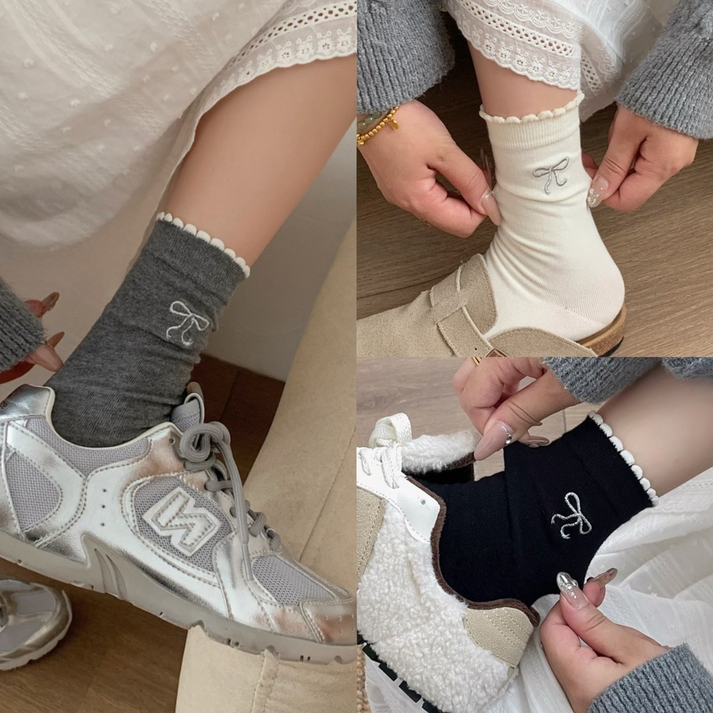 ถุงเท้าข้อสั้นสไตล์ Miu สำหรับผู้หญิงในฤดูใบไม้ผลิและฤดูใบไม้ร่วง ถุงเท้าผ้าฝ้ายแท้ทรงท่อกลาง - รูปที่ 4