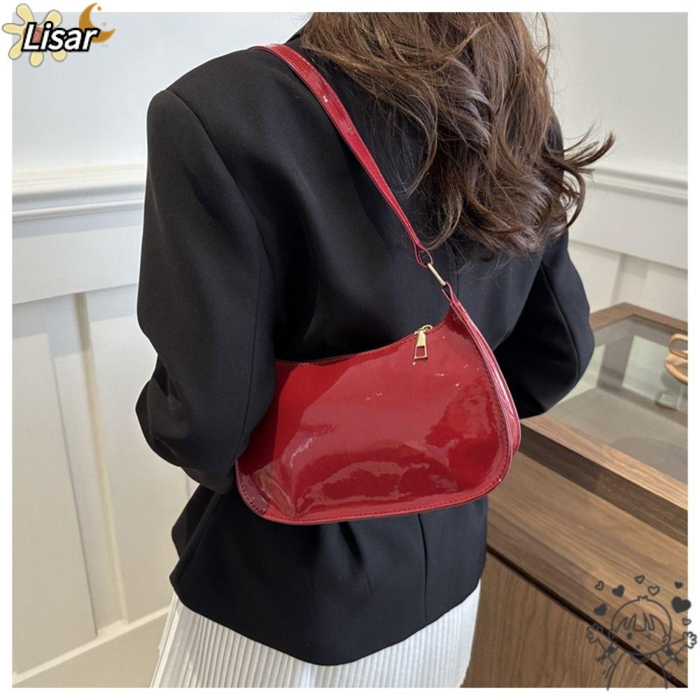 กระเป๋าถือ LISAR กระเป๋าสะพายสไตล์ซิปทรงเกี๊ยว, แฟชั่น PU สีทึบเวอร์ชั่นเกาหลีรักแร้กระเป๋าจับคู่ทุกวัน