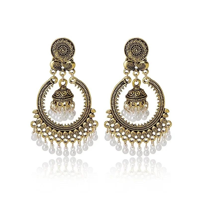 Brincos ชาติพันธุ์ Bell Pearl พู่ต่างหู Vintage Bohemian แกะสลักโคมไฟ Drop Earings สําหรับผู้หญิง Jumka เครื่องประดับอินเดีย