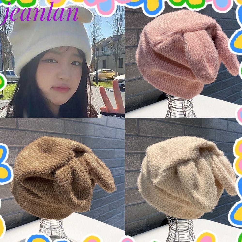Jeanlan หมวกถัก, เส้นด้ายขนสัตว์ถักหมวกผู้หญิง, อุปกรณ์ป้องกันหูน่ารักหูกระต่ายนุ่ม Headwear ฤดูใบไม้ร่วงฤดูหนาว