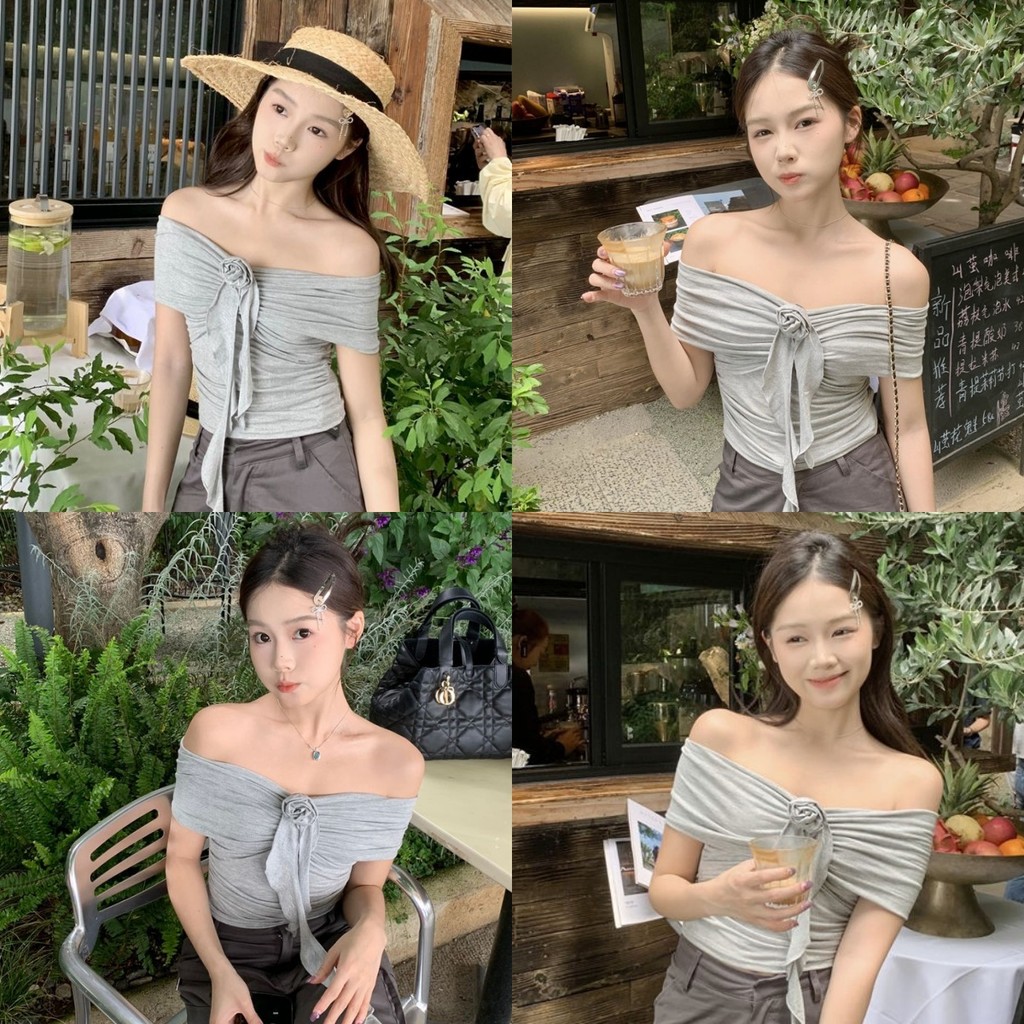 Anne เสื้อยืดผู้หญิง แขนสั้น เปิดไหล่ ตกแต่งดอกไม้ ผ้ายืด เสื้อครอป สไตล์ลำลอง ใส่สบาย #FY2656