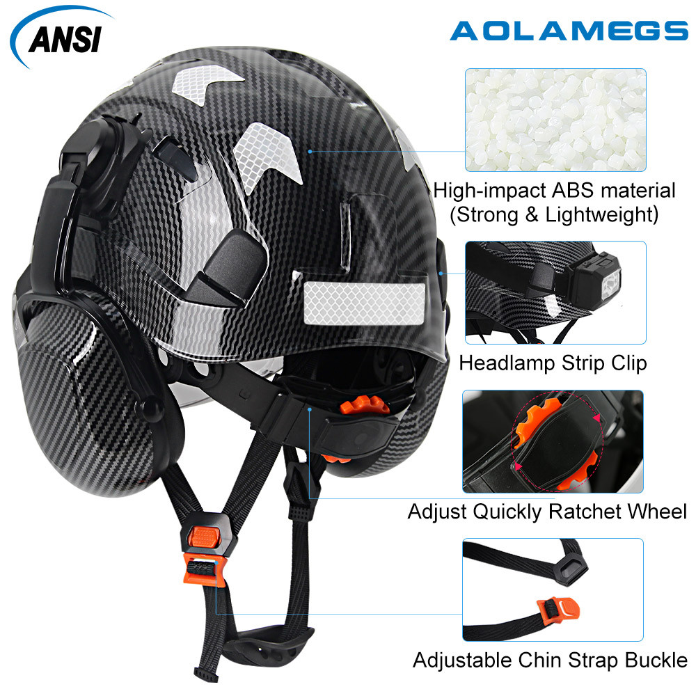 AOLAMEGS แว่นตาคู่คาร์บอนไฟเบอร์ความปลอดภัยหมวกคาร์บอนไฟเบอร์ปิดหูสติกเกอร์สะท้อนแสง CE ANSI