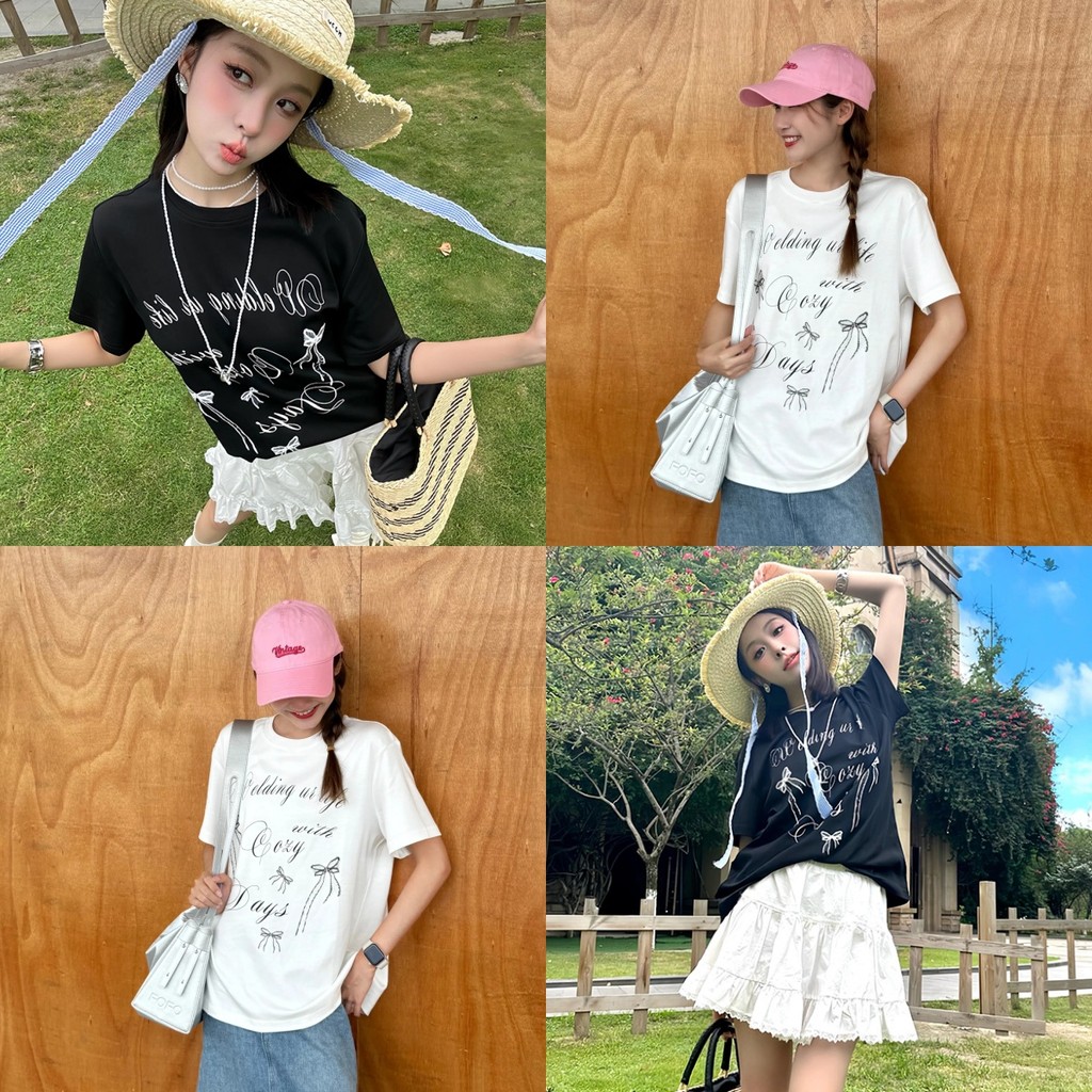 Luna Shop ย้อนยุคเสื้อยืดแขนสั้นผู้หญิงฤดูร้อนสไตล์ใหม่ Letter Bow พิมพ์หลวมสบายๆ Top
