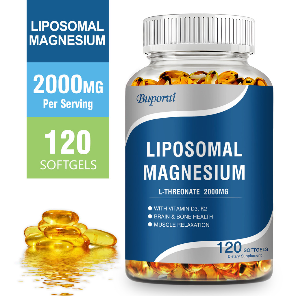 Liposomal Magnesium L-Threonate 2000 มก. - อาหารเสริมแมกนีเซียมพร้อมวิตามิน D3 & K2 - สุขภาพสมองและกระดูกและผ่อนคลายกล้ามเนื้อ - ไม่ใช่จีเอ็มโอ 30/60/120 แคปซูล