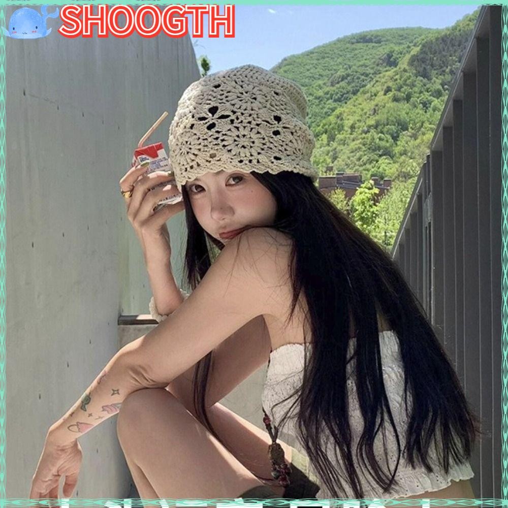 Shoogth หมวกเบเร่ต์, ดอกไม้หมวกถักฤดูร้อน, ระบายอากาศได้ Casual Hollowed Out แฟชั่น Skullies หมวกผู้หญิง