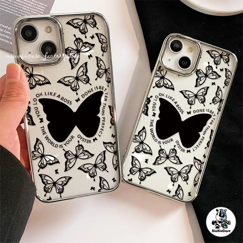 ผีเสื้อแฟชั่น เคสไอโฟน11 16 อินเทรนด์หรูหราชุบเลนส์กรอบสําหรับ For iPhone 11 16 12 13 14 15 Pro X 7Plus XR XS Max SE เคส