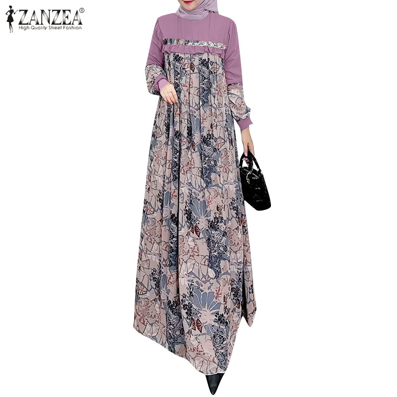 ZANZEA ใส่ ซานเซีย ผู้หญิงมุสลิม โอ-คอ รัฟเฟิล พิมพ์ชุดหลวมแขนยาวสี