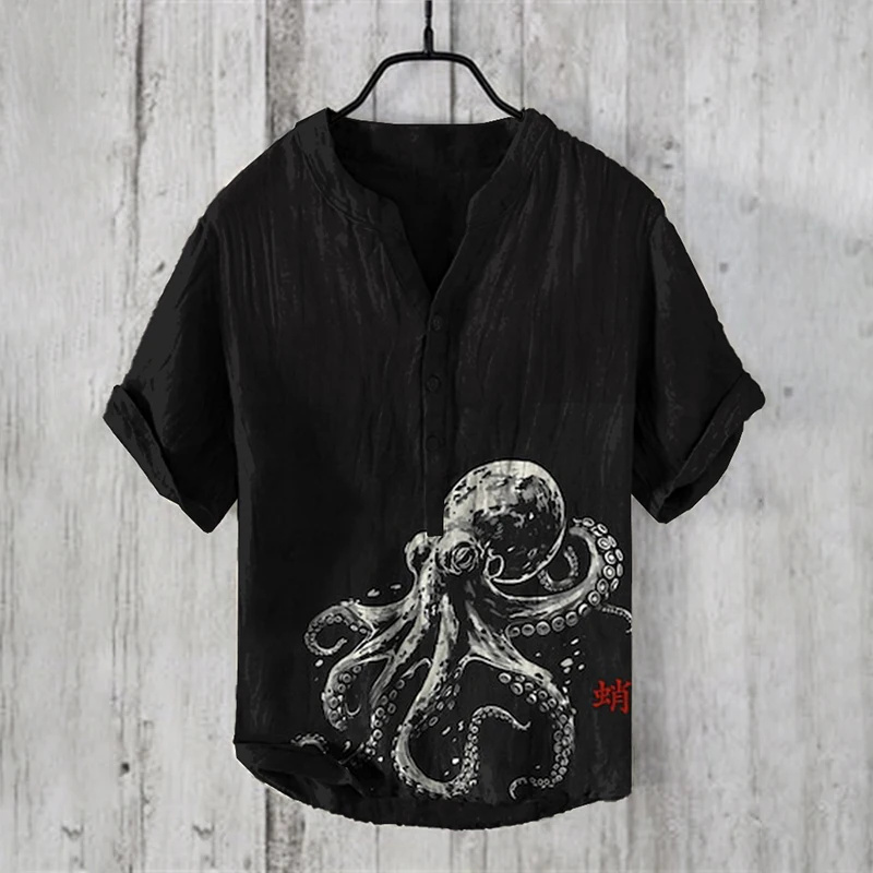 เสื้อเชิ้ตผู้ชาย เฮนรี่ - เสื้อยืดเสื้อผ้าพิมพ์ปลาหมึก รูปที่ 5