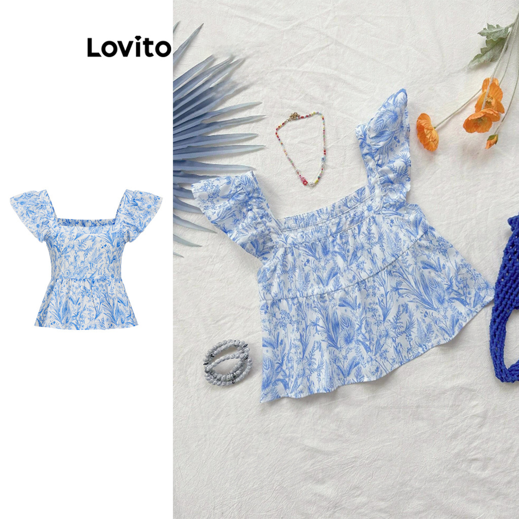 Lovito เสื้อเบลาส์ลายดอกไม้ โบฮีเมียนลายเดซี่ลายดอกไม้สำหรับผู้หญิง L104ED753