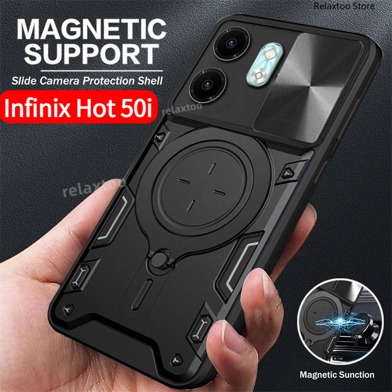 Infinix hot50i ปลอกกันกระแทกสําหรับ Infinix Hot 50i InfinixHot50i 50 Pro Hot50Pro 4G 5G X6531 โลหะผู้ถือแหวนแม่เหล็กสไลด์ Push เลนส์กล้อง Hard เคสโทรศัพท์ป้องกันปกหลัง