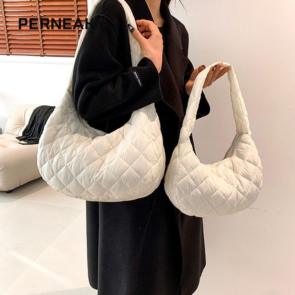 Perneaky Quilted Tote Bag, Down Cotton Cushion กระเป๋าสะพายความจุขนาดใหญ่,แฟชั่นกระเป๋าช้อปปิ้งสีทึบผู้หญิงสาว