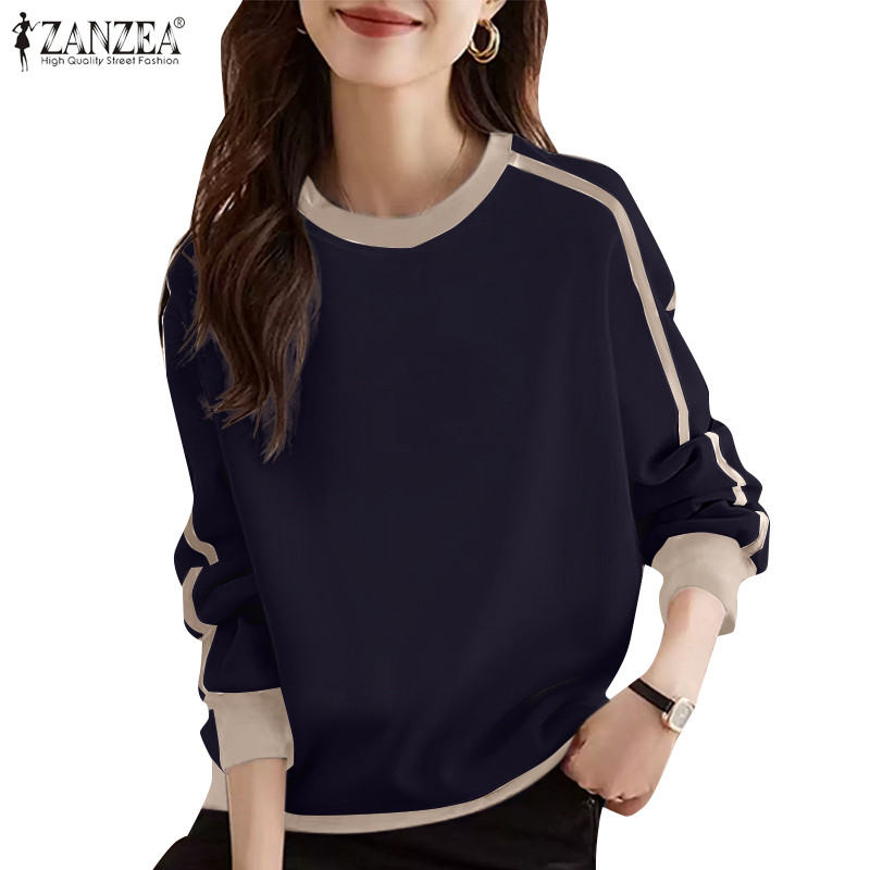 Zanzea เสื้อเชิ้ตแขนยาว O-Neck Patchwork ลําลองผู้หญิงเกาหลี