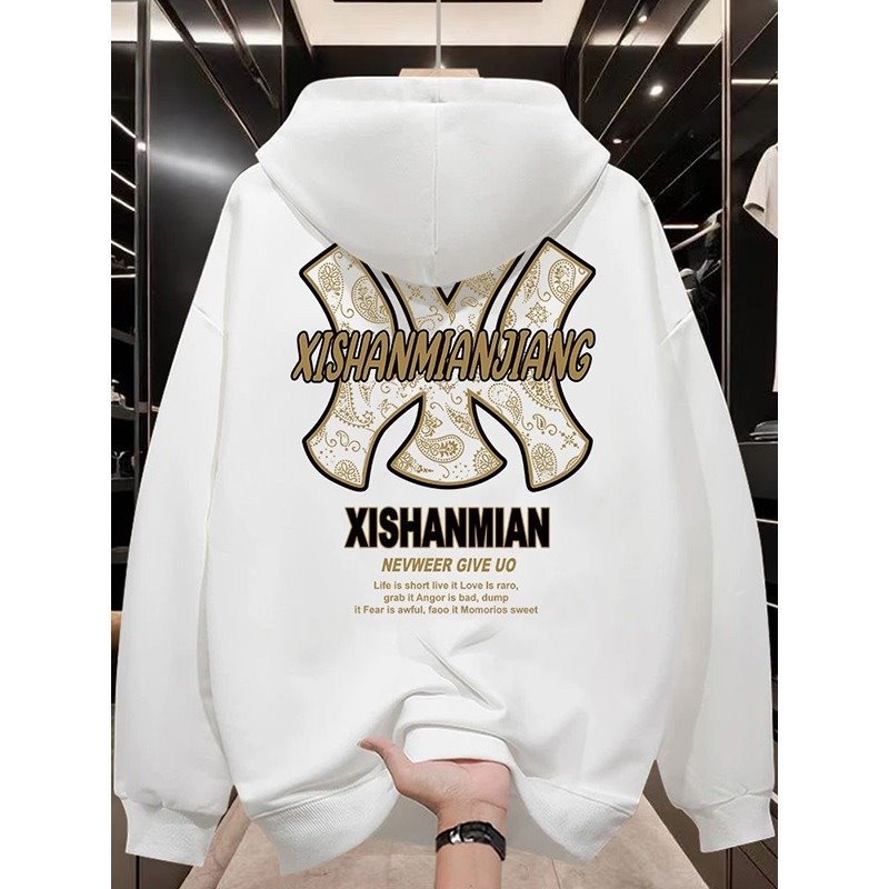 ม-5เอ็กแอล ผู้ชายบางแขนยาวขนแกะเสื้อกันหนาวหมวกสไตล์เกาหลีนิวยอร์กพิมพ์เสื้อสวมหัวเสื้อคอปก เชือกรูด เสื้อกันหนาวคลุมด้วยผ้าสีดําสีขาว