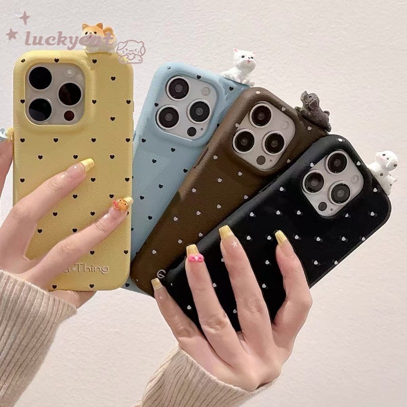 Iphone 16 15 14 13 12 11 Pro Max X Xr Xs Maxเคสโทรศัพท์3D DIYน่ารักมินิสุนัขIns Black Love Heart Candyสีหนังนุ่มปกหลัง