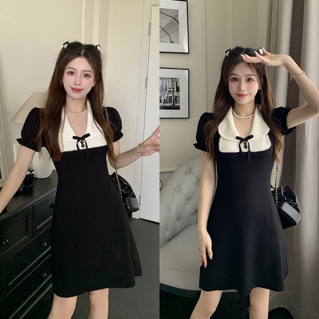 Luna Shop 🍒 สไตล์ชาแนลฝรั่งเศส กระโปรงสั้นทรงเอเข้ารูป คอโปโล แขนสั้น 🍬 สาวน่ารัก เทรนด์เดรส