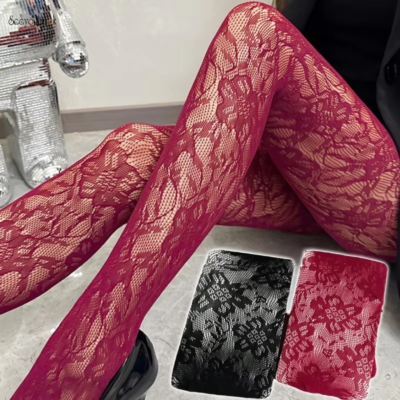 แฟชั่นดอกไม้เย็บปักถักร้อยตาข่ายลูกไม้ Hollow Out Pantyhose ผู้หญิง Ancora สีแดง Fishnet Tights Harajuku Lolita สาวไนท์คลับกางเกงขายาวถุงน่อง