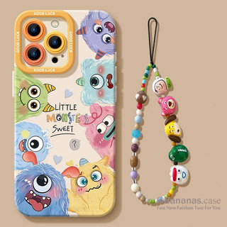 IPhone 17 16 15 14 13 12 11 Pro Max X Xr Xs Max 7 8 Plus SE2020 เคสโทรศัพท์น่ารักสีลูกกวาด Little Monster + Lanyard ปกอ่อน