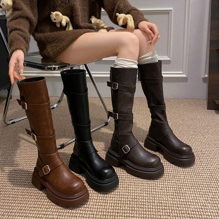 รองเท้าผู้หญิงเวอร์ชั่นเกาหลีรองเท้าแฟชั่นรอบ Toe หนาSoled ส้นหนากลับซิป High-Top รองเท้าแฟชั่นขนาด 35-40