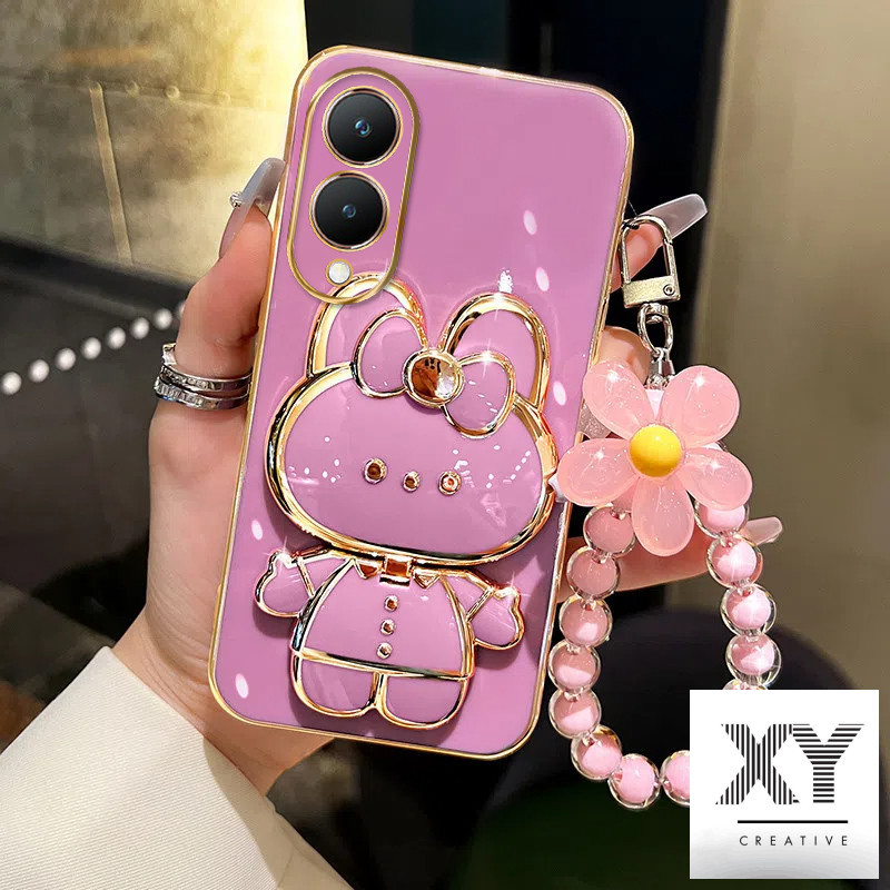 เคส Vivo Y28 4G Y18 Y03 Y17S Y16 Y15S Y01 Y22 Y22S Y02A Y02T เคสโทรศัพท์ชุบด้วยไฟฟ้าหรูหรา 3D กระต่ายเครื่องสําอางกระจกแต่งหน้าขาตั้งเคส TPU แบบนุ่มพร้อมสร้อยข้อมือเชือกเส้นเล็ก เคสโทรศัพท์ Vivo Y28 4G Y18 Y03 Y17S Y16 Y15S Y01 Y22 Y22S Y02A Y02T