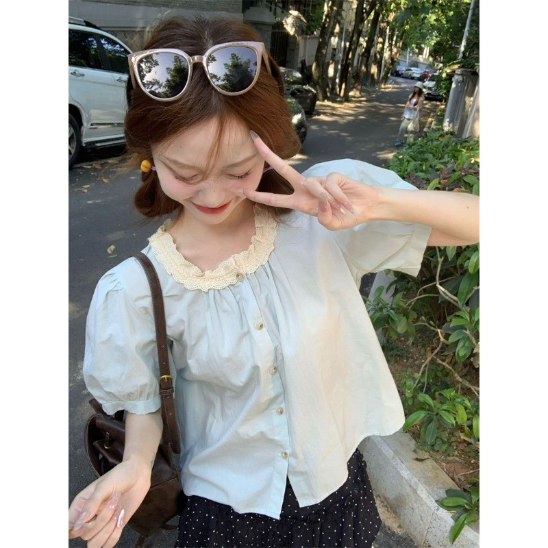 🧡LINNA🧡หวาน ลูกไม้ สีทึบ เวอร์ชั่นเกาหลี สไตล์ใหม่ สุภาพสตรี เสื้อเชิ้ต