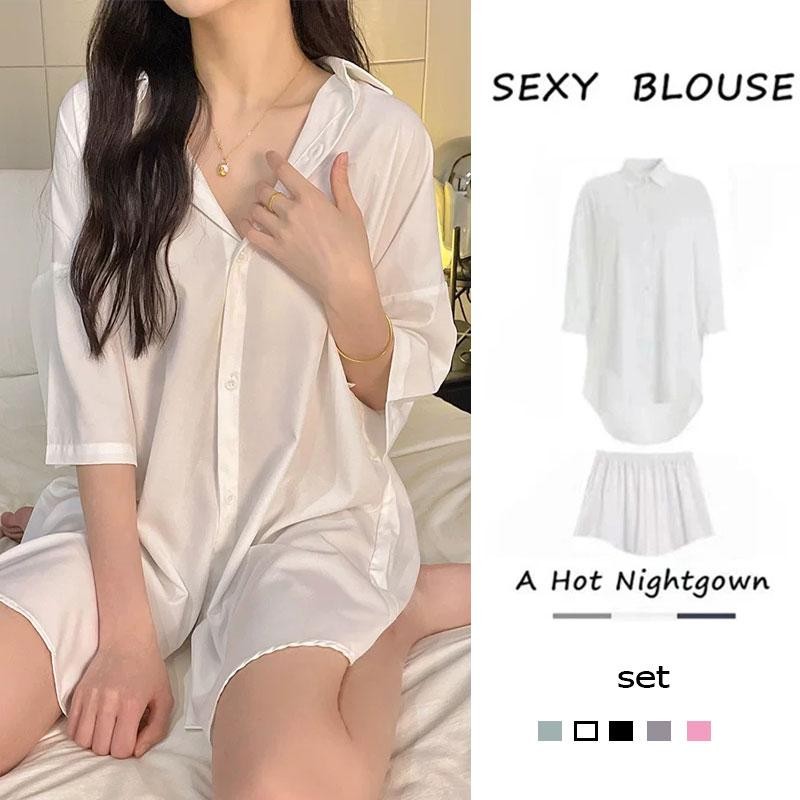 Dahong  set  ชุดนอนเซ็กซี่ เสื้อแฟน ชุดนอนเสื้อเชิ้ตผ้าไหมน้ำแข็ง เชิ้ตสปันไม่มีกระเป๋าซ่อนกระดุมใส่สบายๆไม่ร้อนค่า W605