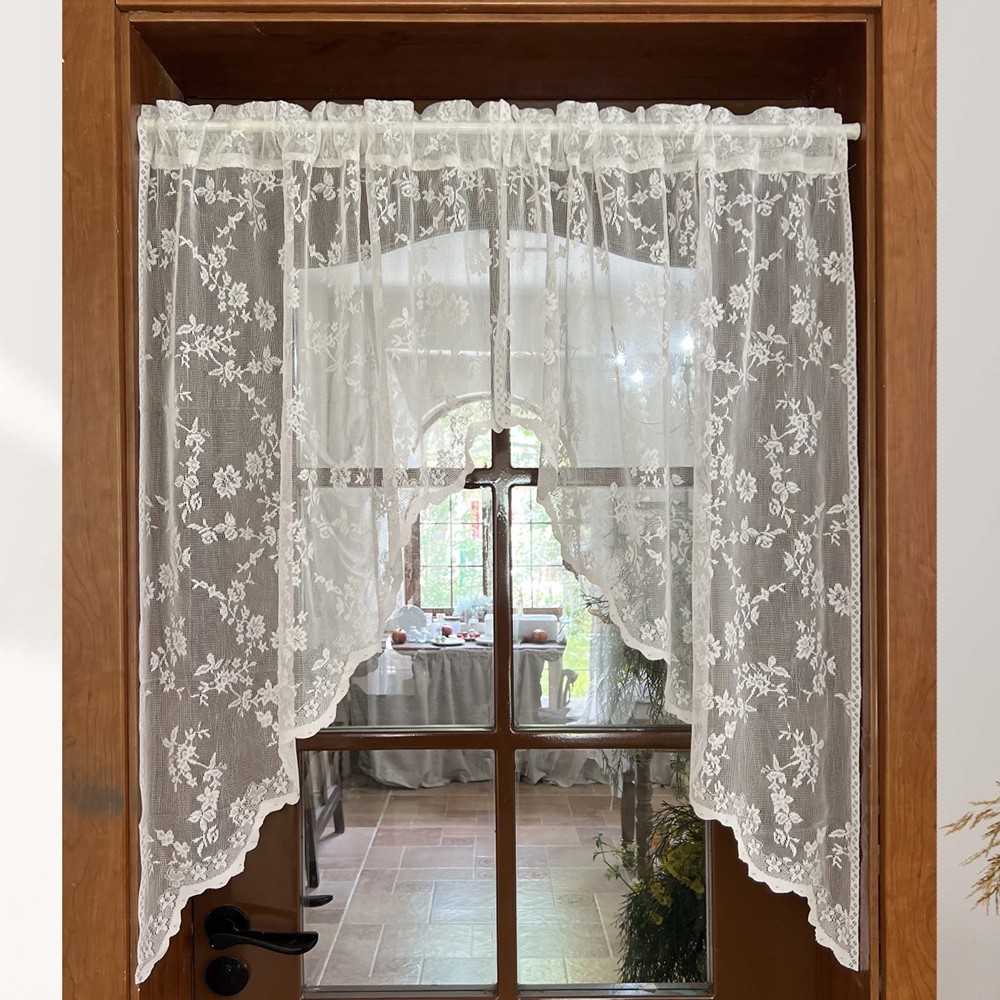 Elegant สีขาวดอกไม้ถักลูกไม้ Swag Valance ม่านประตู Topper Shabby Chic ครัว Sheer ผ้าม่านสั้น Victorian ผ้าม่านสําหรับ Cafe งานแต่งงานวาเลนไทน์ตกแต่ง