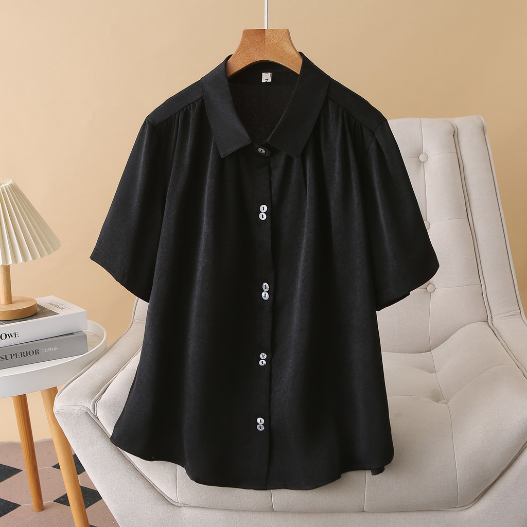 พลัสขนาดผู้หญิง XL-4XL แขนสั้นเปิดลงคอ Office-wear ฤดูร้อนเสื้อผู้หญิง Elegant ปุ่มสีดําสีฟ้าด้านบน