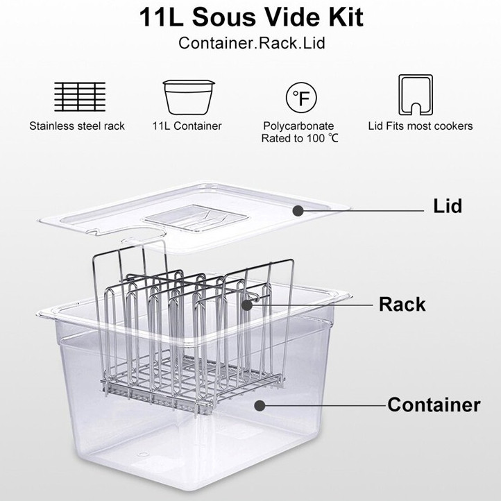 อ่างซูวี พร้อมฝาปิดขนาด11 ลิตร วัสดุแข็งแรง ถังซูวี Polycarbonate Containerสำหรับ เครื่องซูวีSous Videชั้นยึดจับสเเตนเลส