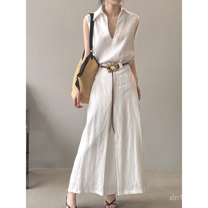 ชุดกระโปรงผู้หญิง High-End Old Money แบบสองชิ้น คอวี อาร์มลีส กางเกงกระโปรง