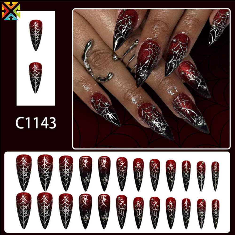 Spider Web Spider Web Nails ฮาโลวีน Themed สวมใส่ Long Tipped สวมใส่ Armour เล็บสําหรับ Halloween Pa