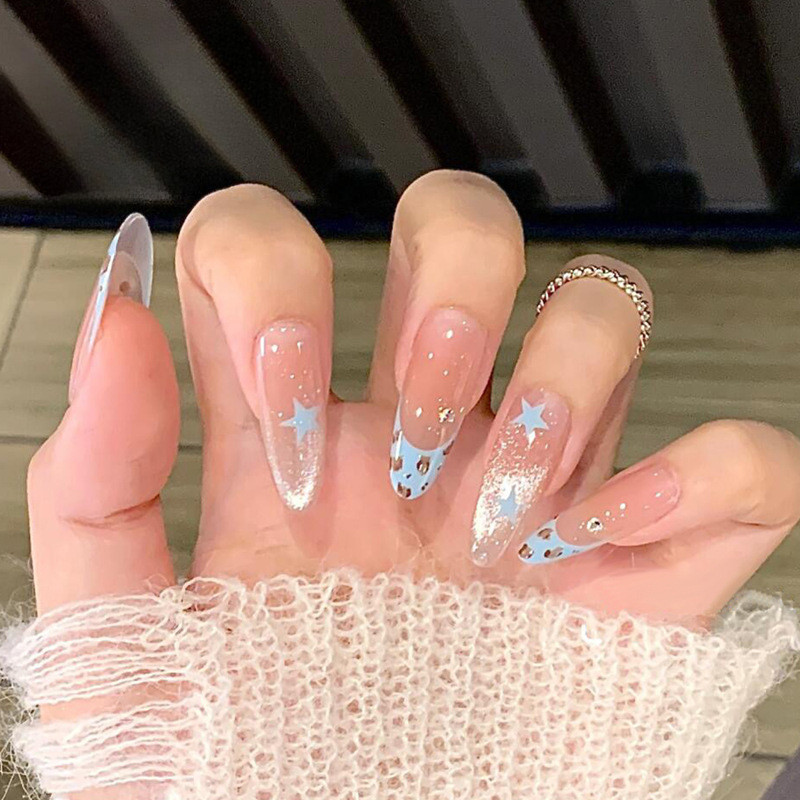 Celestial Cat-Eye™ Press-On Nails: Handcrafted French Tips & Star Motives - Luxe Almond Nails