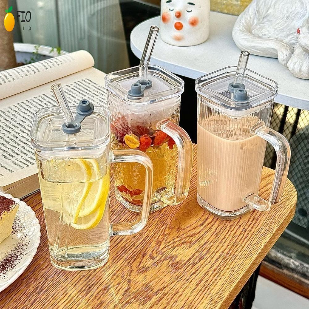 ถ้วยกาแฟแก้วใสทนความร้อนพร้อมฝาปิดของขวัญคู่ถ้วยน้ําผลไม้สี่เหลี่ยมบ้าน