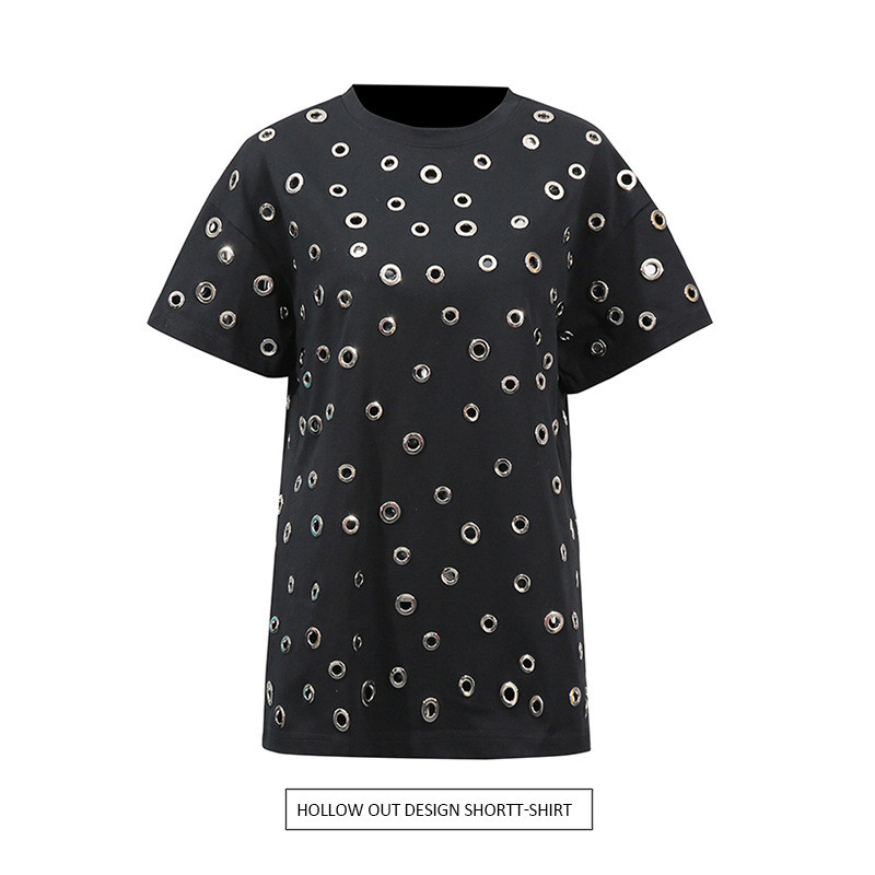 [สินค้าใหม่คลังสินค้าพร้อม] Unique Niche Design Top 2025 ฤดูร้อนรอบคอโลหะ Hollow แขนสั้น High-End สุ