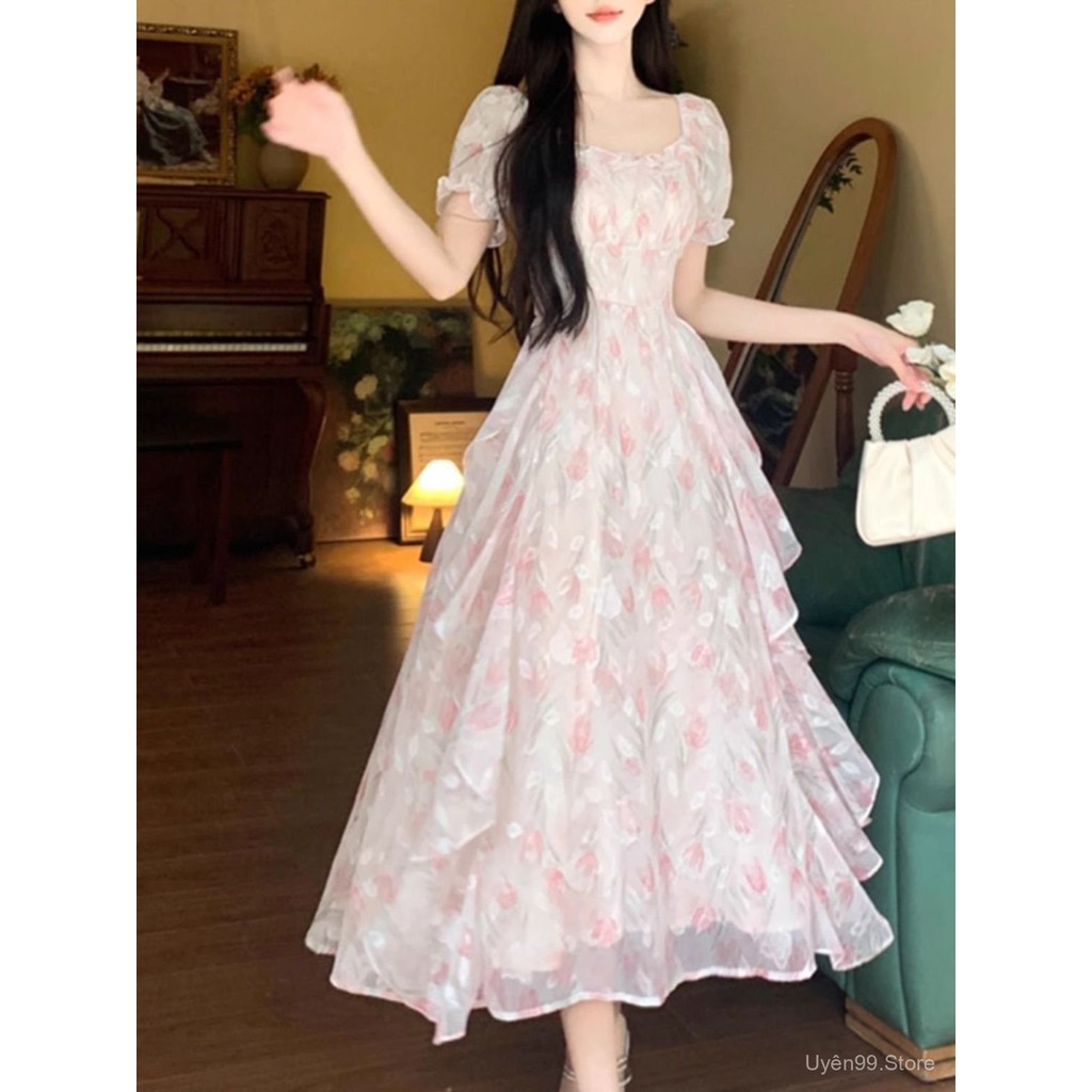 [KPI1]เดรสคอเหลี่ยมลายดอกไม้โรแมนติก รูปเงายาว First Love สไตล์ฝรั่งเศส เรียบหรู อ่อนโยน