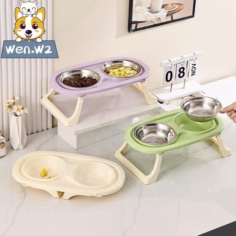wen.W2 ชามอาหารสัตว์สแตนเลส 2หลุมพับเก็บได้ ชามอาหารแมว สุนัข สแตนเลส ทรงยกสูง มีขาตั้ง
