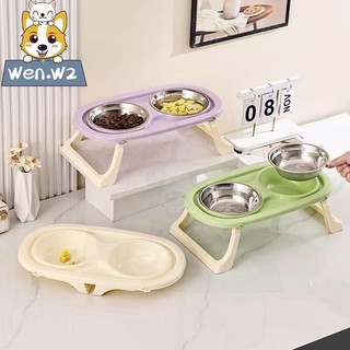 wen.W2 ชามอาหารสัตว์สแตนเลส 2หลุมพับเก็บได้ ชามอาหารแมว สุนัข สแตนเลส ทรงยกสูง มีขาตั้ง