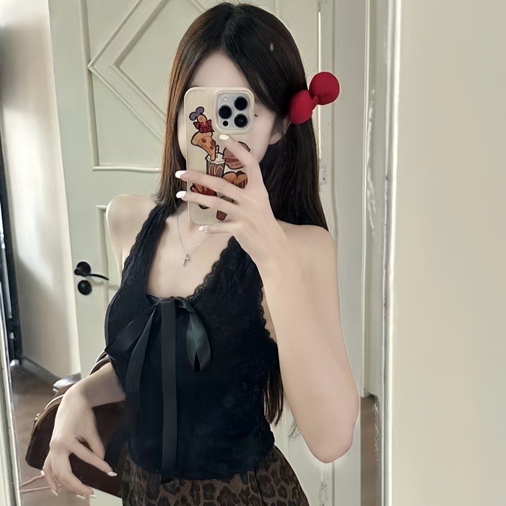 เซ็กซี่ลูกไม้ Trim Halter คอ Camisole ฤดูใบไม้ผลิฤดูร้อน Bowknot พร้อมแผ่นหน้าอกด้านในด้านนอกเข็มกํา