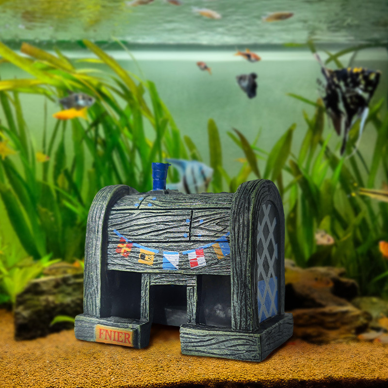 แต่งตู้ปลา อุปกรณ์ตกแต่งตู้ปลา ตุ๊กตาการ์ตูน บ้านสับปะรด ปะการังปลอม หลบถ้ำ เรือใบ ถ้ำไบโอนิค การออกแบบทางเข้าคู่ - รูปที่ 3