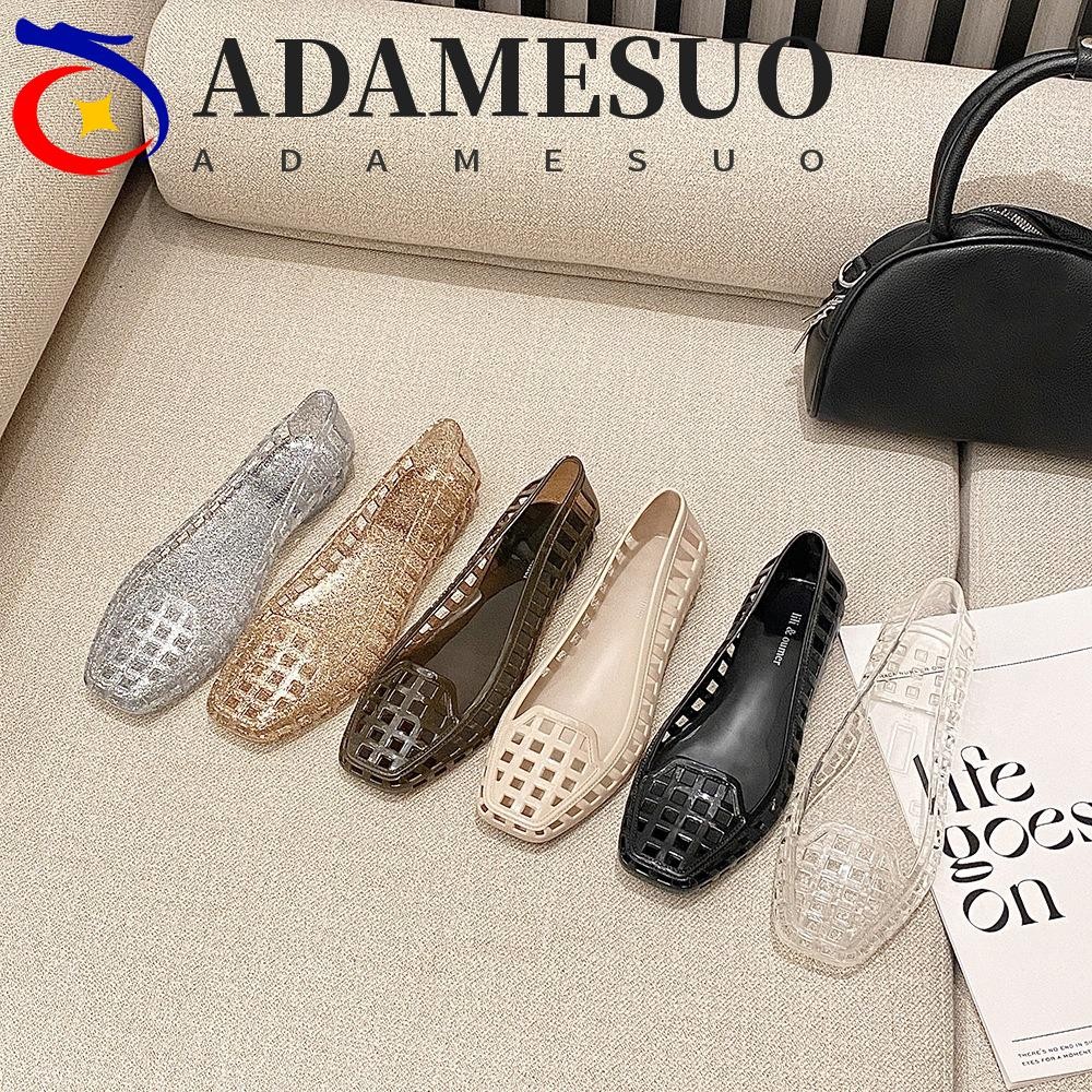ADAMESUO คริสตัล PVC Jelly รองเท้า, สไตล์เกาหลีกันน้ํา Heavenly Jelly รองเท้าแตะ, แฟชั่น Soft Square Toe Non-Slip DIY รองเท้า Charms รองเท้าแตะฤดูร้อน