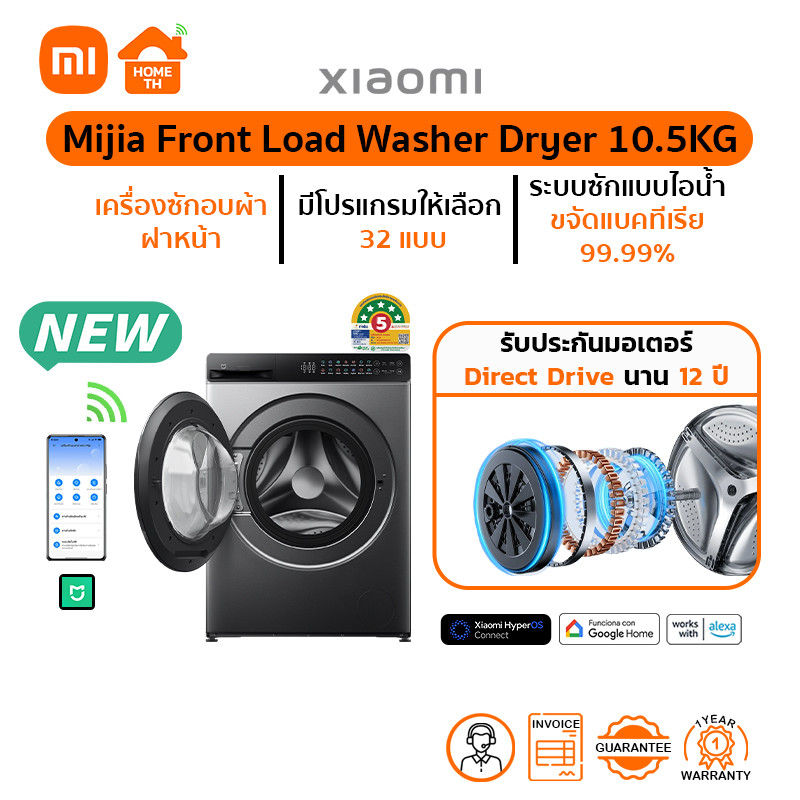 Mijia Front Load Washer Dryer 10.5kg เครื่องซักอบผ้าฝาหน้าอัจฉริยะ I รับประกันมอเตอร์ Direct Drive น