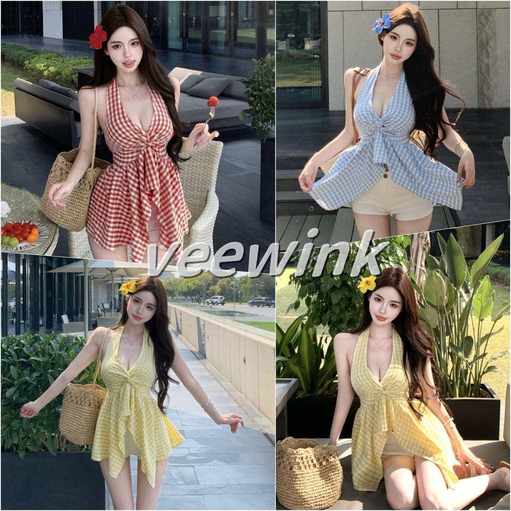 Veewink พร้อมส่งจากกทม เสื้อคอVตารางฝ้ายใส่ได้ทุกที่❗️เที่ยวทะเล-วัด-คาเฟ่✓ปรับสายได้+5สีร้อนแรง🔥ส่งฟรี