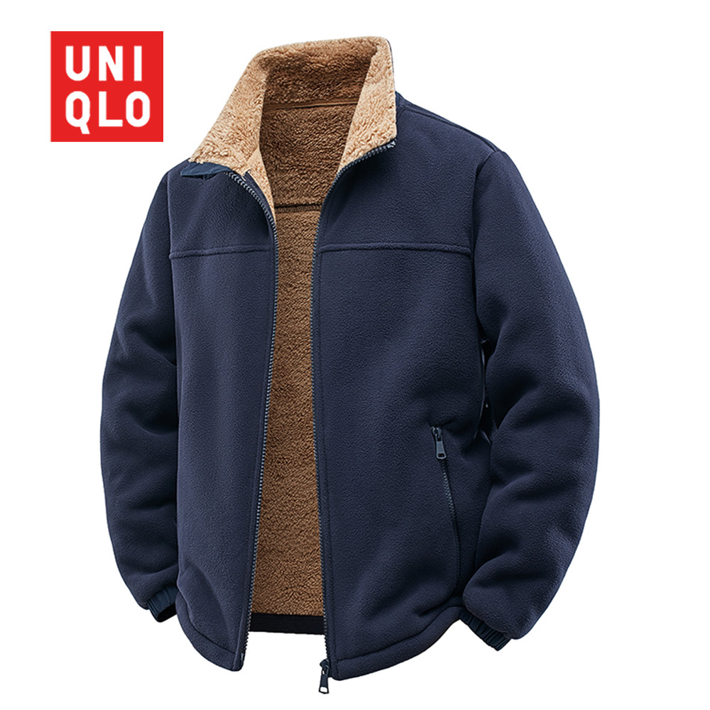 UNIQLO กันหนาวคาร์ดิแกนสำหรับผู้ชาย ขนาด M-5XL ปี 2025 อุ่นสบาย เหมาะสำหรับฤดูใบไม้ร่วงและฤดูหนาว พร้อมหมวก ทำจากขนแกะเทียมคุณภาพสูง