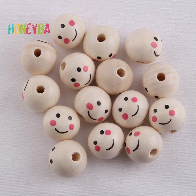 <Honeyba> 10PCS ไม้พิมพ์สียิ้ม Face ตุ๊กตาหัวลูกปัดไม้ลูกปัดหลวม DIY เครื่องประดับอุปกรณ์เสริมลูกปัด Expression พร้อมรู Nice