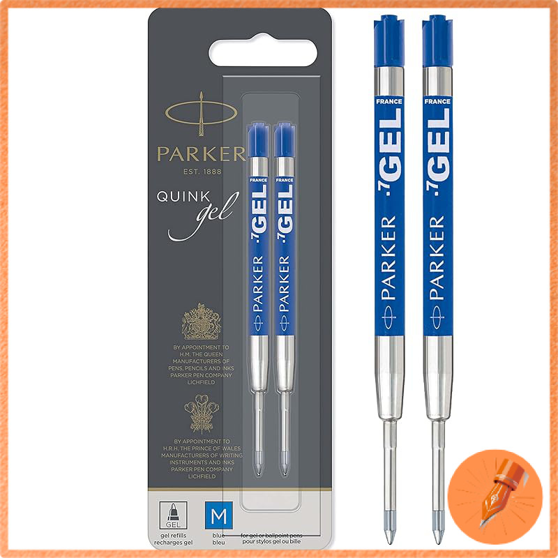 Parker gel pen refills with a medium tip of 0.7mm in blue ink, pack of two.