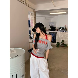 Veewink พร้อมส่งจากกทม เสื้อแขนสั้นสองชั้น ลายตัวหนังสือ ทรงเอวลอยสไตล์อเมริกัน ใส่กระชับตัว สำหรับสาวมั่นใจ