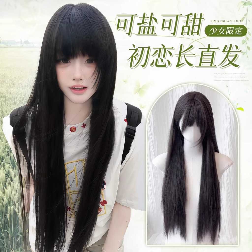 วิกผมหญิง ขนาด 80 ซม. สีดำและสีน้ำตาล ผมยาวเรียบ พร้อม bangs JK ดูเป็นธรรมชาติเต็มศีรษะ