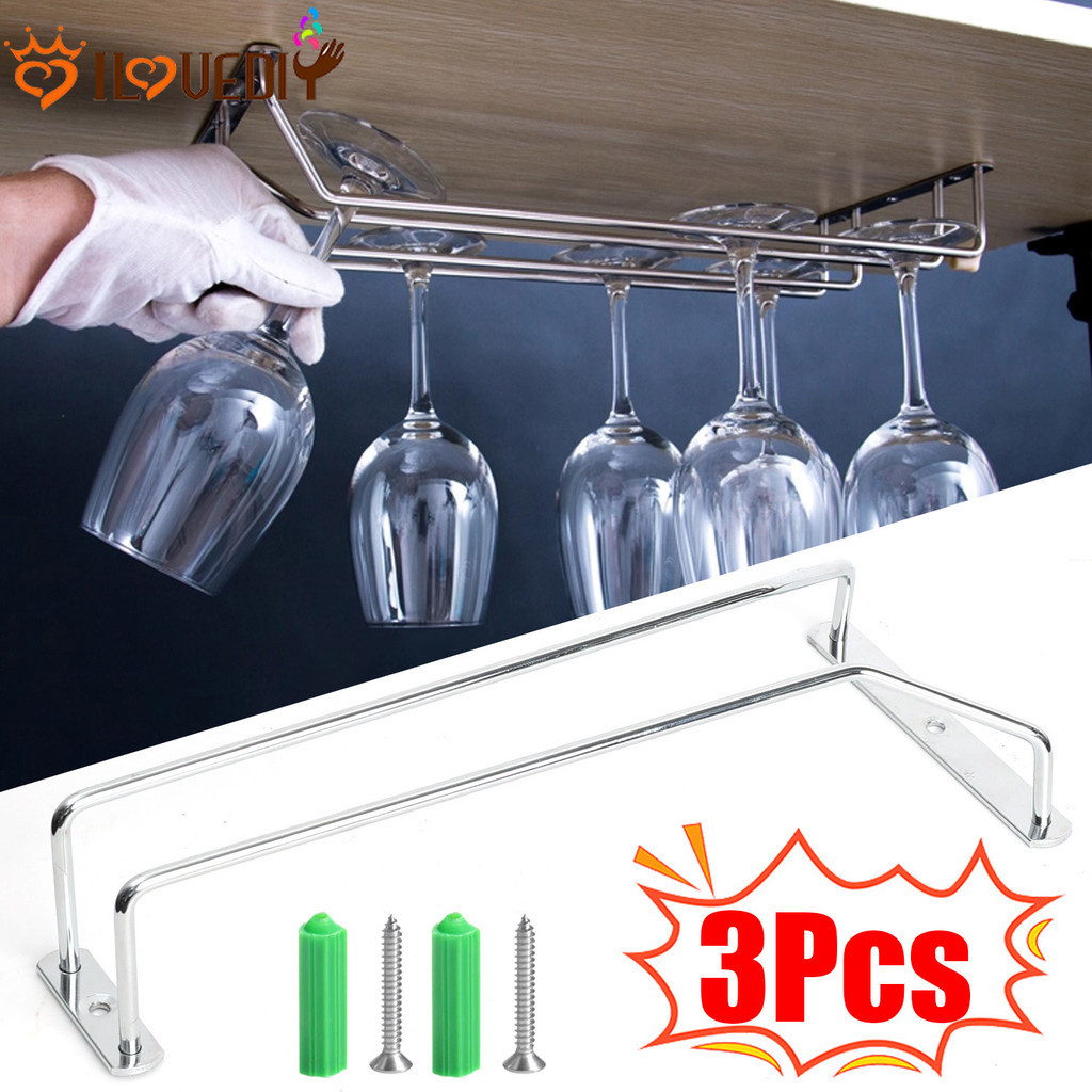 [HGB]ที่ใส่แก้วไวน์ 3 ชิ้น | ชั้นวางเหล็กชุบโครเมี่ยม, การออกแบบคอมุมพร้อมรองรับกันลื่น, ไม่มีตู้เจา