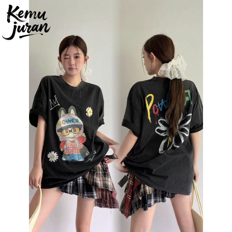 ฤดูร้อนอเมริกันอินเทรนด์สเปรย์สองด้านการ์ตูน Ragout LBB เสื้อยืดแขนสั้นหลวม